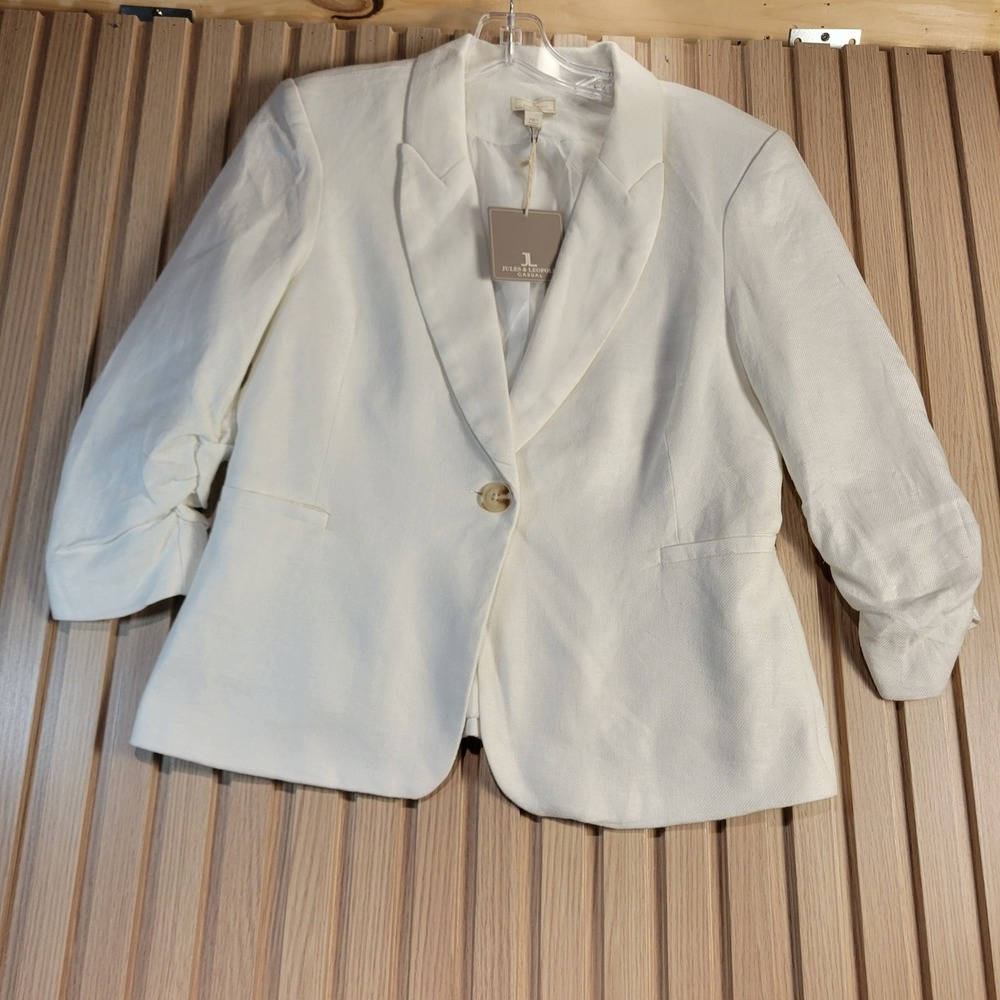 Jules & Leopold White Linen Blend Ruched 3/4 Sleeve Blazer Jacket Size M